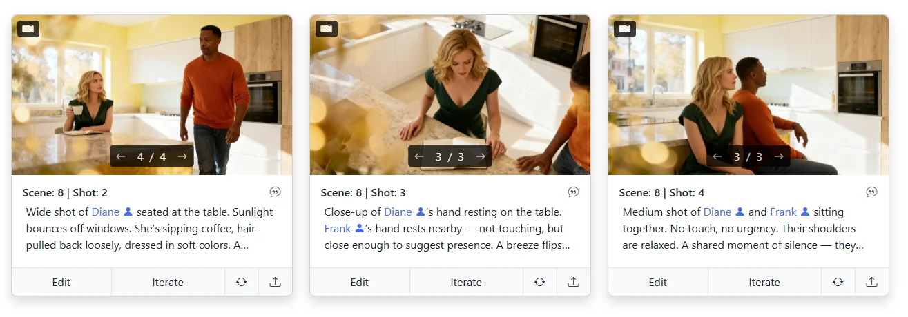 Storyboard maker showing the same kitchen location from different angles with perfect visual continuity in Storyboarder AI