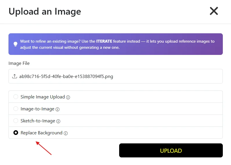Upload an Image dialog with Replace Background option selected in Storyboarder AI storyboard generator