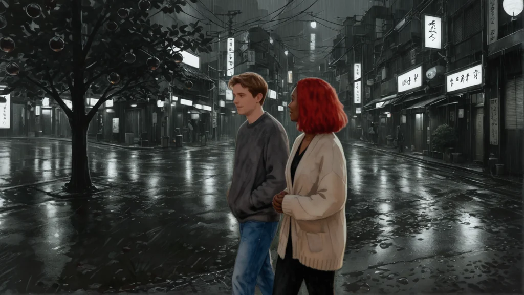 AI storyboard generator output — characters placed in a rainy neon-lit Tokyo alley after a Design Background text prompt