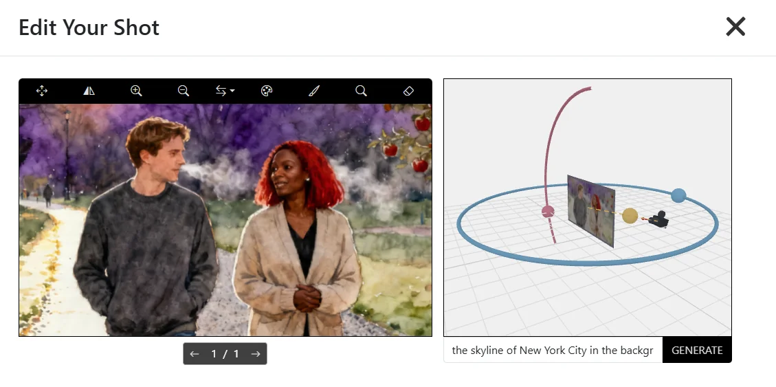 3D Camera Angle feature in Storyboarder AI with an 'Additional prompt' field set to 'the skyline of New York City in the background'
