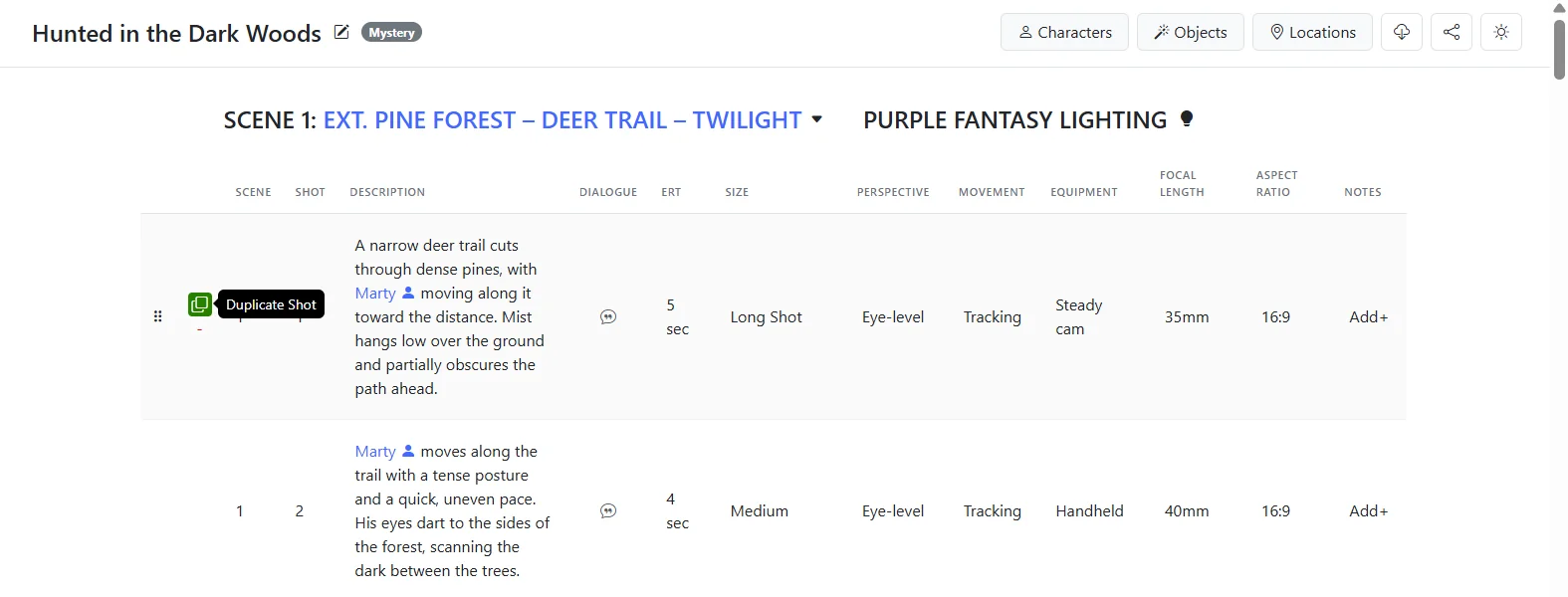Duplicate Shot action in the Storyboarder AI shotlist — quickly extend a beat in your AI storyboard