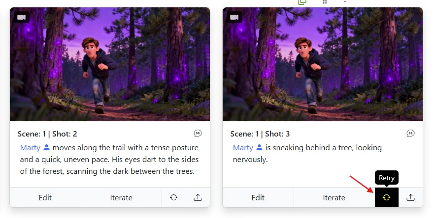 Retry icon highlighted on a Storyboarder AI shot — refresh a single frame after editing the Shot Description