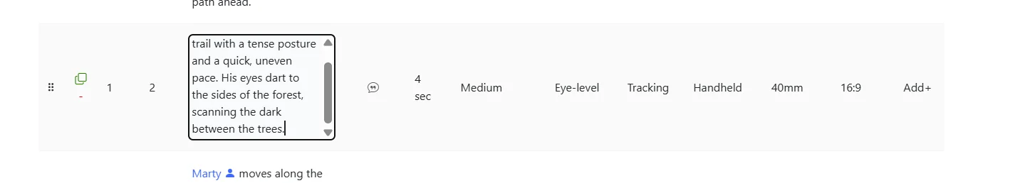 Editing a Shot Description directly in the Storyboarder AI shotlist — live storyboard maker editing