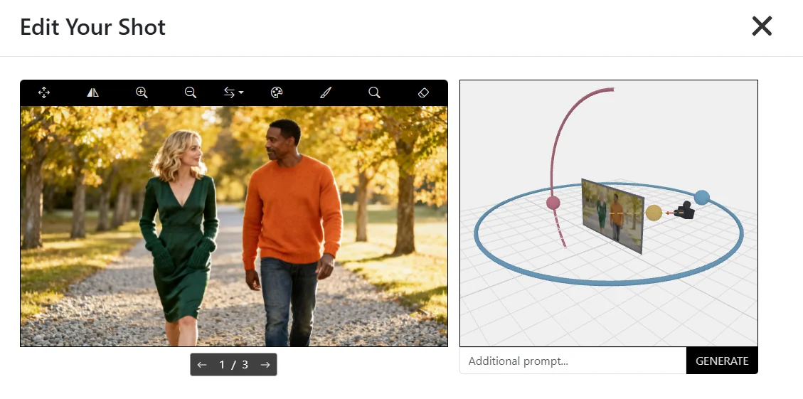 3D Camera Angle feature in Storyboarder AI — orbit, tilt, and reframe any storyboard shot in a live 3D viewport
