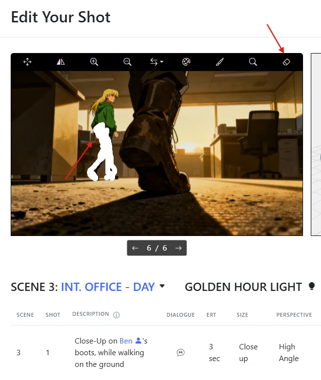 ERASE tool highlighted in the Storyboarder AI EDIT toolbar with a masked character ready to be removed from the storyboard shot