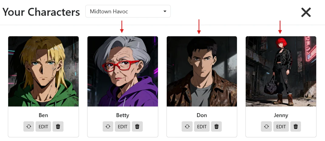 Character library in Storyboarder AI with four defined characters (Ben, Betty, Don, Jenny) — the AI storyboard generator only pulls these in when you name them