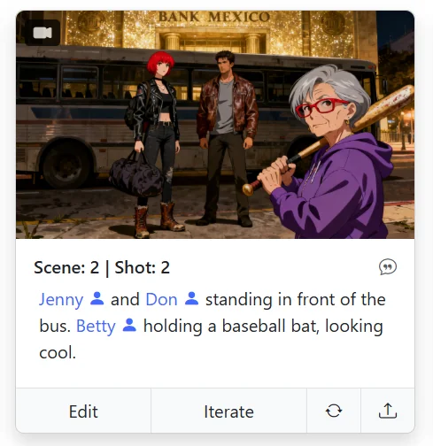 Storyboard maker result after naming Jenny, Don, and Betty in the Shot Description — Storyboarder AI renders the exact characters from the library