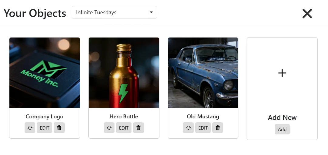 Your Objects library in Storyboarder AI with a Company Logo, Hero Bottle, and Old Mustang — reusable assets for any AI storyboard