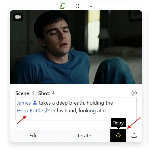 Shot Description in Storyboarder AI referencing the Hero Bottle by name with the Retry icon highlighted — storyboard maker pulling objects from the library