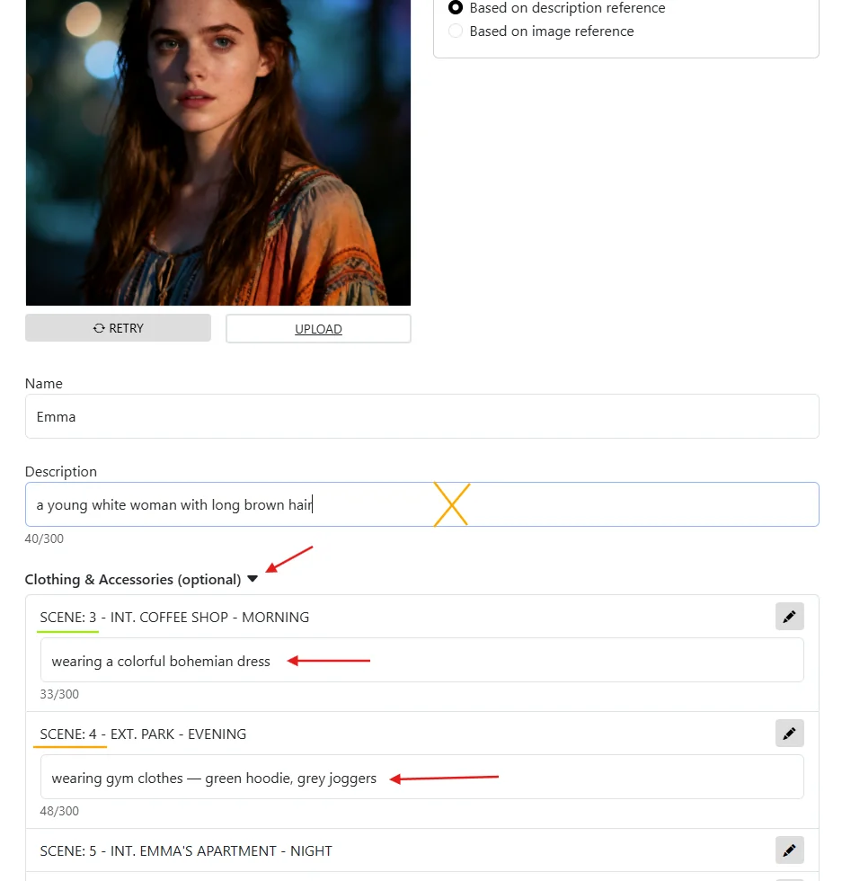 Clothing and Accessories section in the Storyboarder AI Character Editor with scene-specific outfits — bohemian dress for the coffee shop, gym clothes for the park