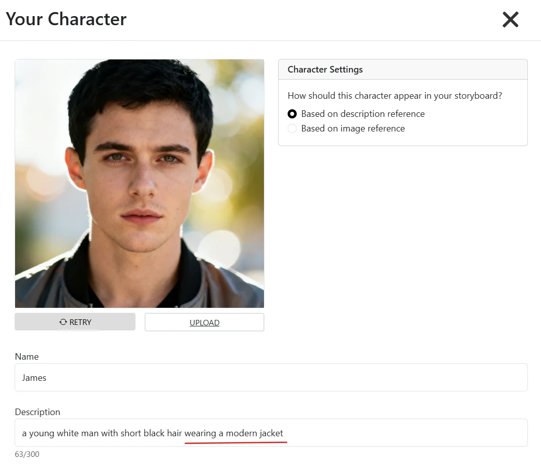 Character Editor in Storyboarder AI with a vague clothing description 'wearing a modern jacket' — invitation for wardrobe drift in AI storyboards