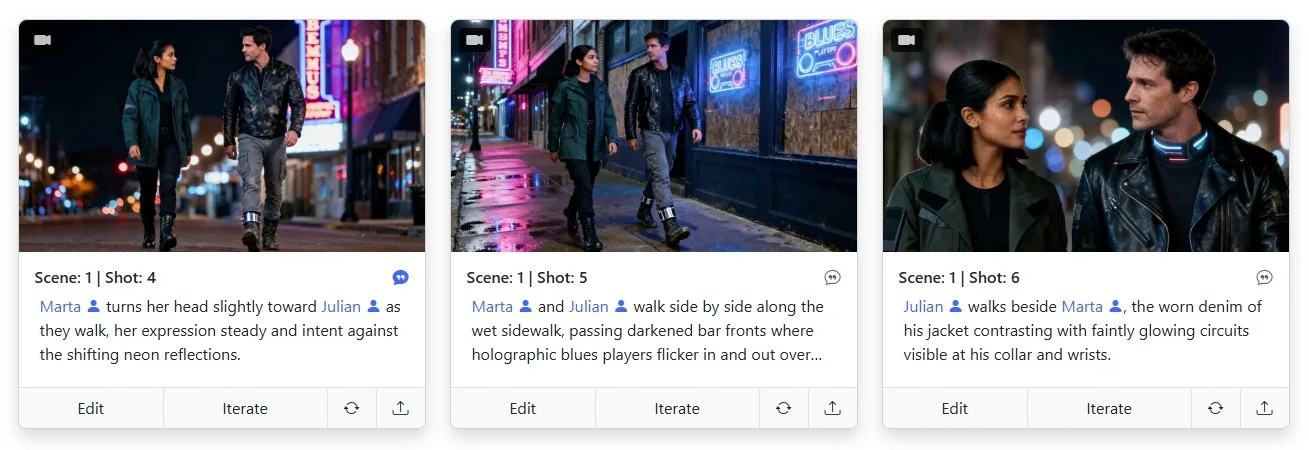 Consistent characters across sequential AI storyboard shots generated with Storyboarder.ai