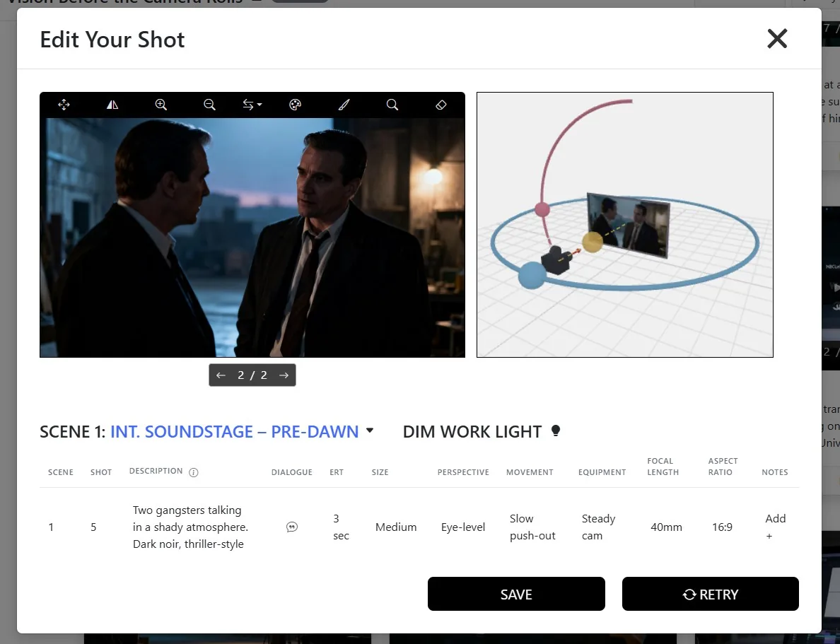 AI storyboard maker shot editor with 3D camera angle control for a cinematic noir scene