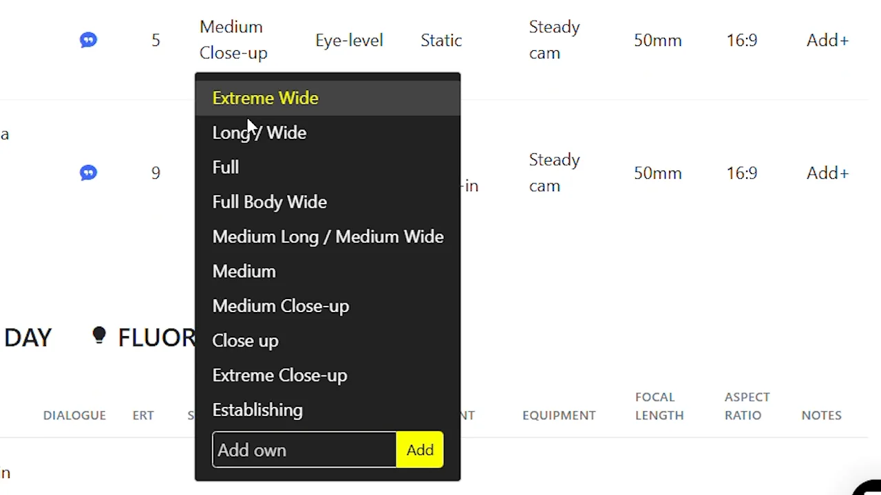 AI-generated shot list from script